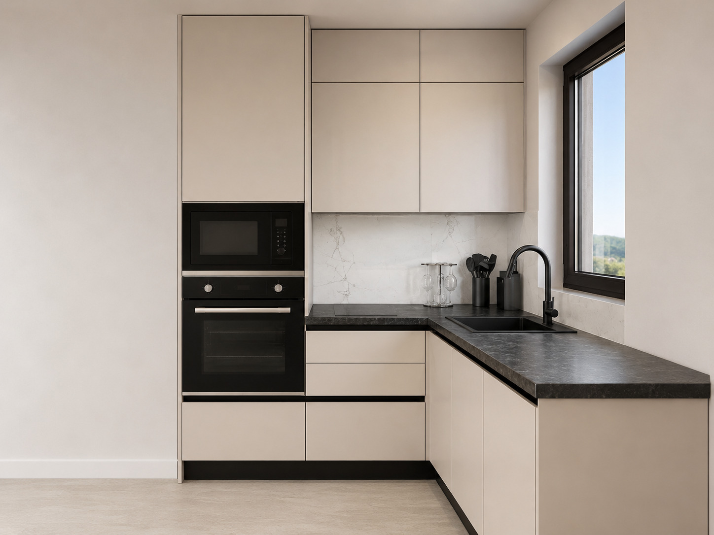 Кухня угловая минималистичная с тёмной столешницей